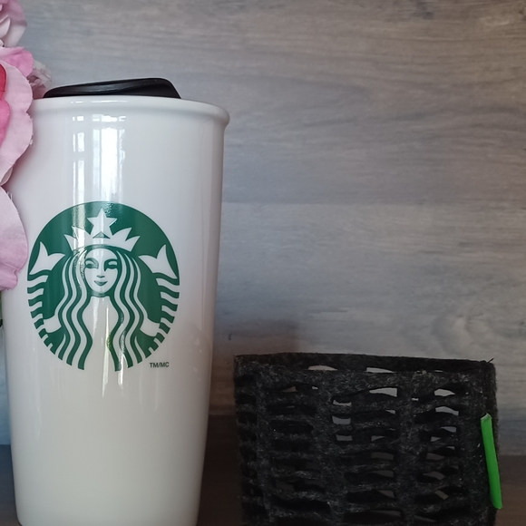 Starbucks 2011 Logo Ceramic Travel Cup Tumbler 12oz With Reusable Cup Sleeve - Picture 2 of 8